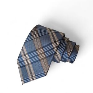 Kenneth Cole 100% Silk Long Tie Blue Brown Beige Plaid